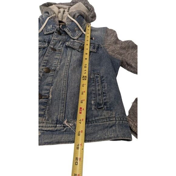 Free People Distressed Denim Jean Jacket Knit Sleeves Removable Hood Small - Picture 9 of 10